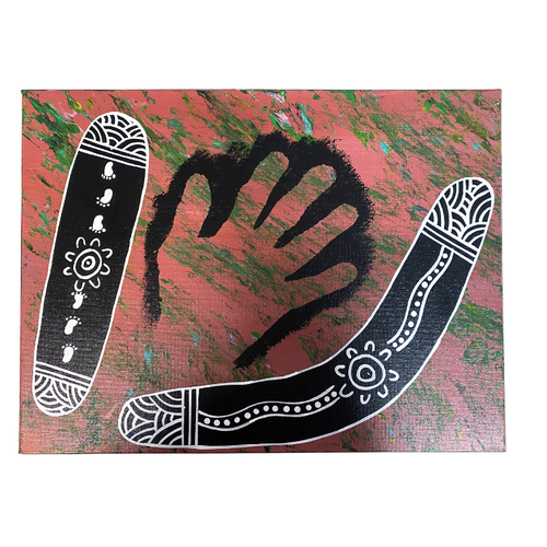 Original Aboriginal Art Painting Stretched Canvas (30x40) - Message Stick and Boomerang for a Gathering