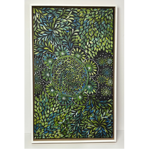 Aboriginal Art Original Painting - Stretched Canvas in Box Frame (68cm x 42cm) - Bush Medicine Leaves