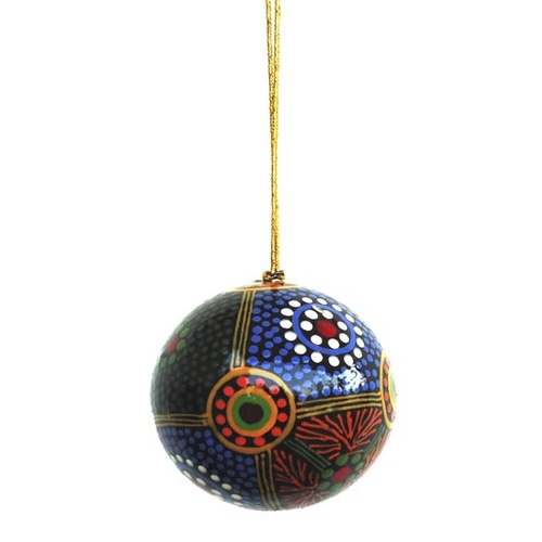 Keringke Aboriginal Art design Lacquered Xmas Ball - My Country (Blue)