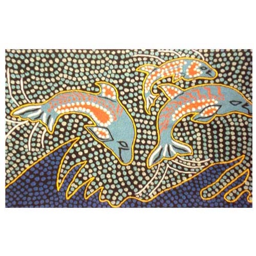 Aboriginal Handmade (5'x 3.5') Rug (Chainstitched) (178cm x 107cm) - Tobwabba Dolphins