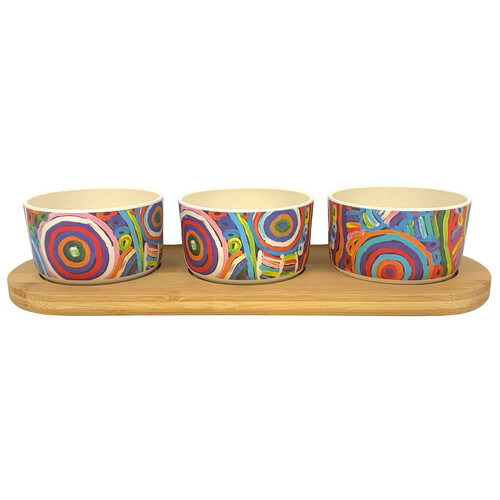 Utopia Aboriginal Art Bamboo Fibre Snack Bowl Set (3) with Timber Base - My Mother's Country