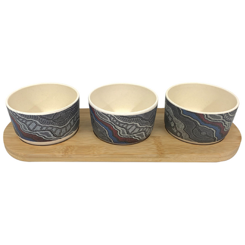 Utopia Aboriginal Art Bamboo Fibre Snack Bowl Set (3) with Timber Base - My Country