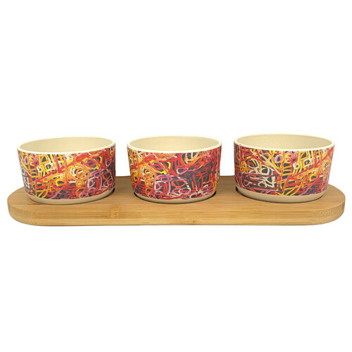 Utopia Aboriginal Art Bamboo Fibre Snack Bowl Set (3) with Timber Base - Women's Ceremony