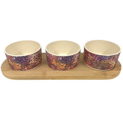 Utopia Aboriginal Art Bamboo Fibre Snack Bowl Set (3) with Timber Base - Spinifex