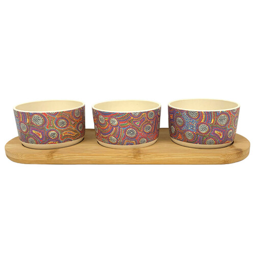 Utopia Aboriginal Art Bamboo Fibre Snack Bowl Set (3) with Timber Base - Bush Orange