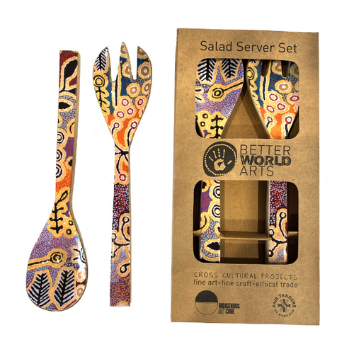 Better World Aboriginal Art Wooden/Resin Salad Server Set - Yam & Bush Tomato Dreaming