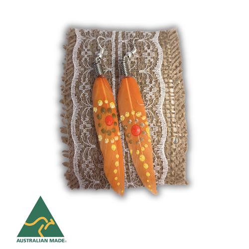 Aboriginal Art Handpainted Feather Earrings - Orange Feather