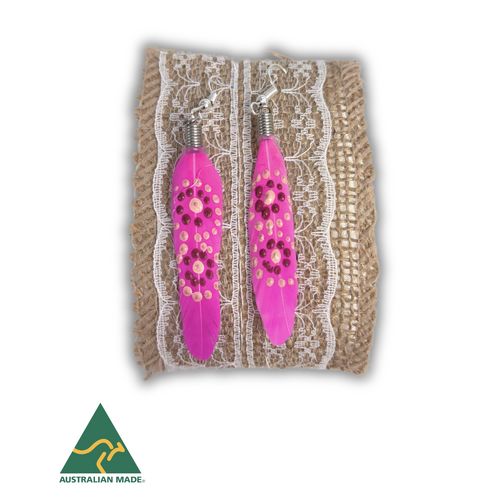 Aboriginal Art Handpainted Feather Earrings - Pink Feather