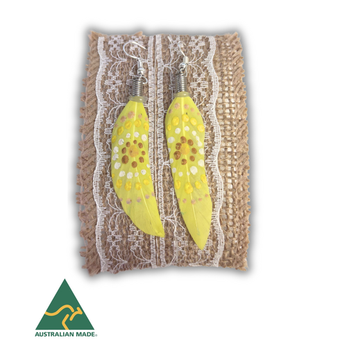 Aboriginal Art Handpainted Feather Earrings - Yellow Feather