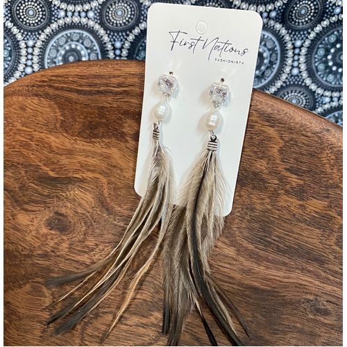 First Nations Fashionista - Handmade Aboriginal Art Pendant Earrings - Emu Feather with Pearl Bead and Stud Back