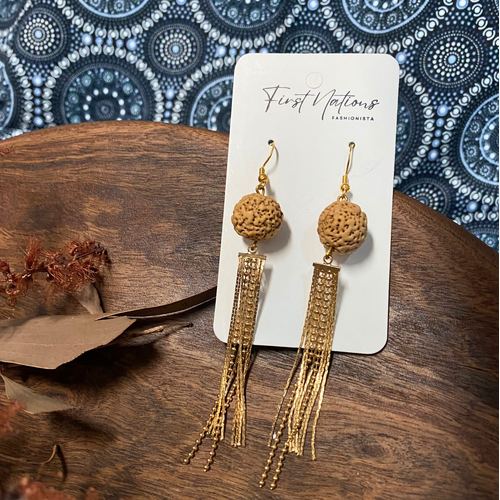 First Nations Fashionista - Handmade Aboriginal Art Pendant Earrings - Quandong Seed with Chain Drop Tassel