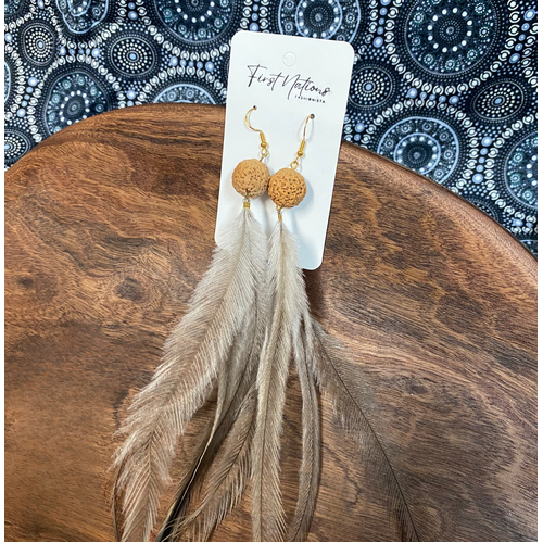 First Nations Fashionista - Handmade Aboriginal Art Pendant Earrings - Quandong Seed with Emu Feather