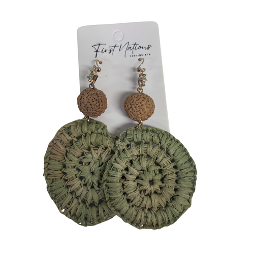 First Nations Fashionista - Handmade Aboriginal Art Woven Drop Earrings (Light GREEN with Stone & Quandong Detail)