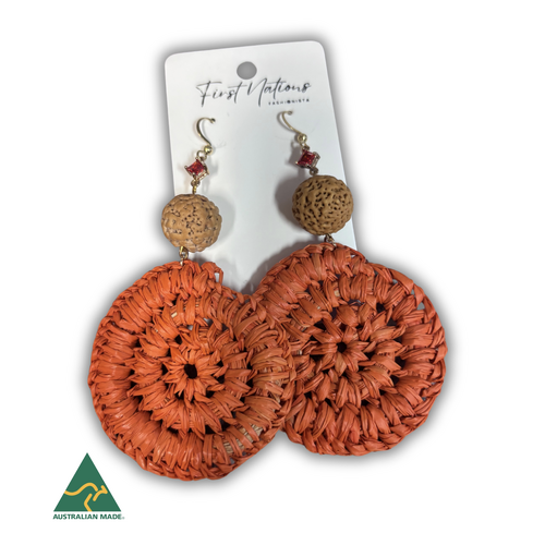 First Nations Fashionista - Handmade Aboriginal Art Woven Drop Earrings (Orange with Stone & Quandong Detail)