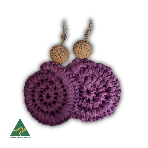 First Nations Fashionista - Handmade Aboriginal Art Woven Drop Earrings (Purple with Stone & Quandong Detail)