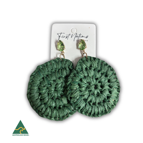 First Nations Fashionista - Handmade Aboriginal Art Woven Drop Earrings (Green with Stone Detail)