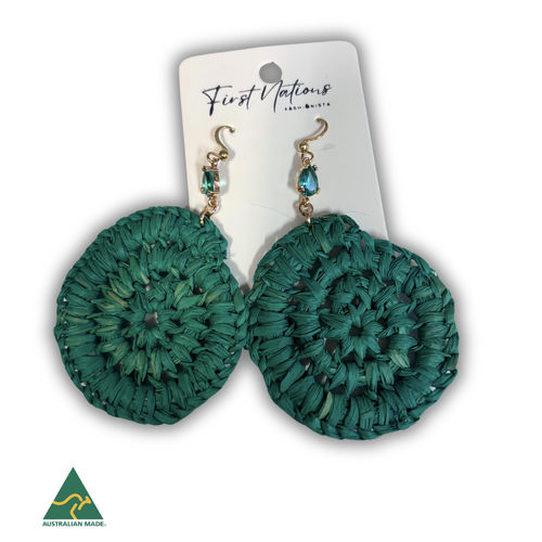 First Nations Fashionista - Handmade Aboriginal Art Woven Drop Earrings (Green with Stone Detail)