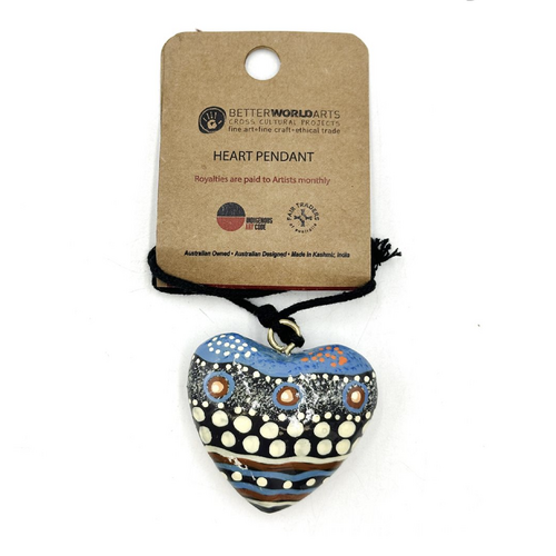 Better World Aboriginal Art Lacquered Heart Pendant - Ocean and Earth