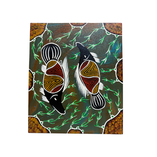 Dreamtime Kullilla Aboriginal Art Canvas Board (10x12) - Fish in Billabong (with stand)