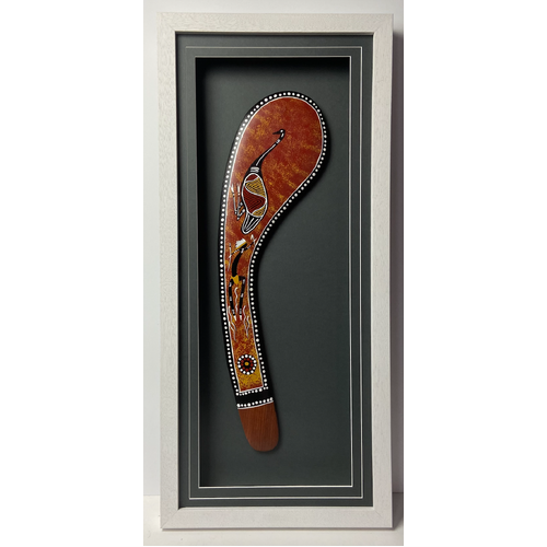 Large Framed Aboriginal Club/Hunting Boomerang (75cm x 34cms) - Emu Handpainted Design