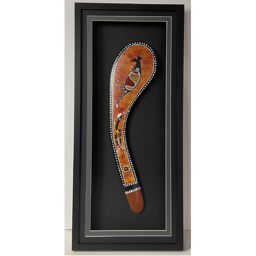 Large Framed Aboriginal Club/Hunting Boomerang (75cm x 34cms) - Kangaroo Handpainted Design