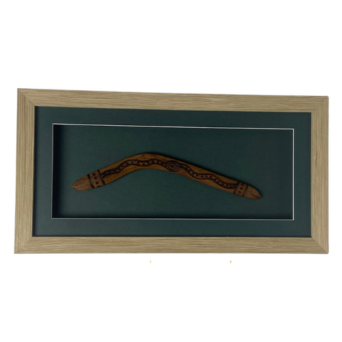 Framed Aboriginal Art Hand Burnt design Boomerang (25cm) Small - Waterhole Tracks