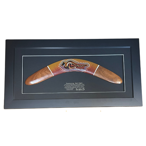 Framed Handpainted Aboriginal Dot Art Boomerang (35cm) Large (49cm x 25cm)