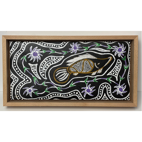 Original Aboriginal Art (Boxed Framed) Painting Stretched Canvas (35cm x 18.5cm) - Silver Brim