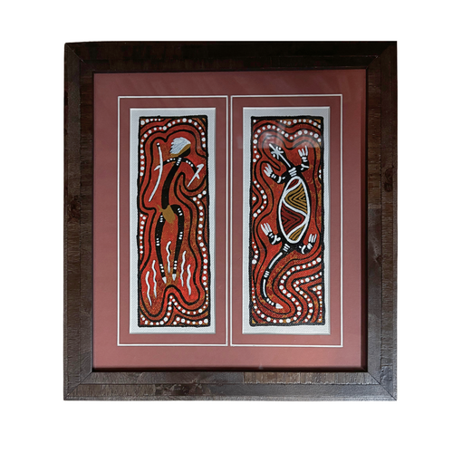 Original Aboriginal Art (Framed) Painting Strip Canvas (27cm x 26.5cm) - Goanna & Warrior