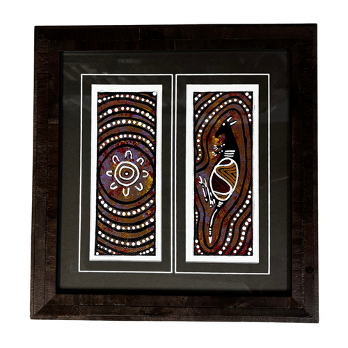 Original Aboriginal Art (Framed) Painting Strip Canvas (27cm x 26.5cm) - Kangaroo & Meeting Place