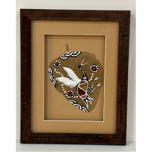 Framed Aboriginal Dot Art Handpainted Gumleaf (31cm x 25cm) - Brolga (Beige)