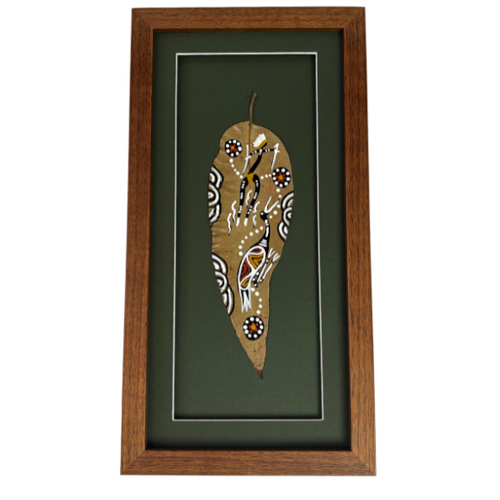 Framed Aboriginal Dot Art Handpainted Gumleaf (37cm x 20cm) - Brolga (Green)