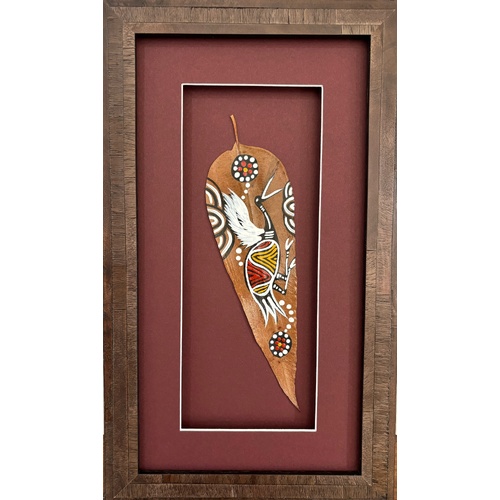 Framed Aboriginal Dot Art Handpainted Gumleaf (35cm x 20cm) - Brolga (Maroon)