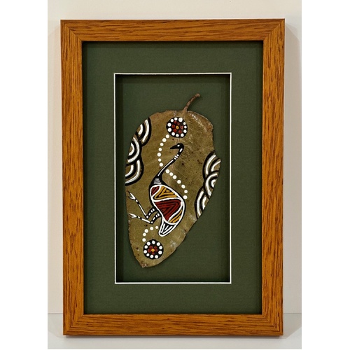 Framed Aboriginal Dot Art Handpainted Gumleaf (30cm x 21cm) - Emu (Green)