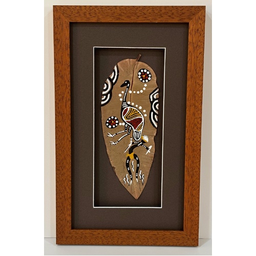 Framed Aboriginal Dot Art Handpainted Gumleaf (31cm x 19cm) - Emu (Taupe)