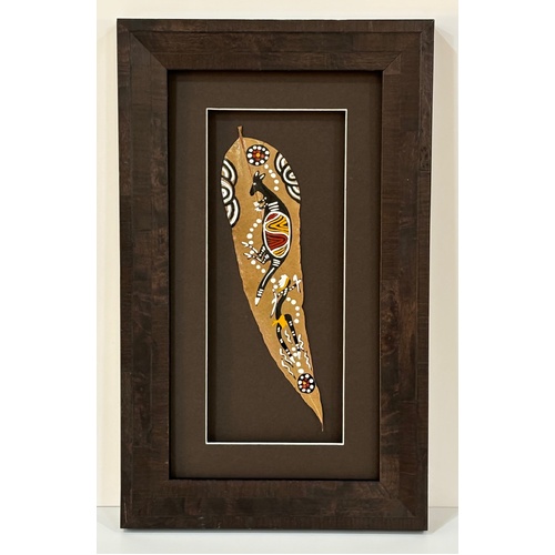 Framed Aboriginal Dot Art Handpainted Gumleaf (40cm x 25cm) - Kangaroo (Brown)