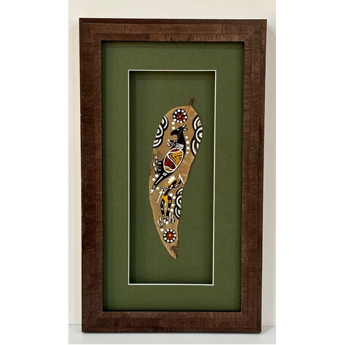 Framed Aboriginal Dot Art Handpainted Gumleaf (35cm x 20cm) - Kangaroo (Green)