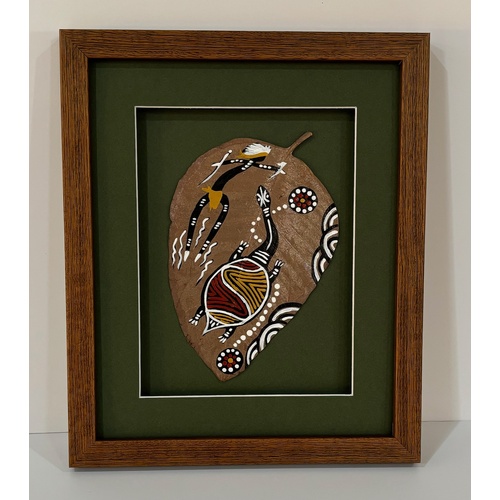 Framed Aboriginal Dot Art Handpainted Gumleaf (30cm x 25cm) - Turtle (Green)