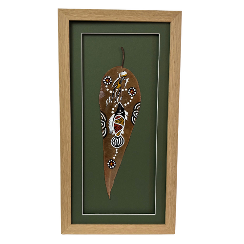 Framed Aboriginal Dot Art Handpainted Gumleaf (42cm x 22cm) - Thuggai (Green)