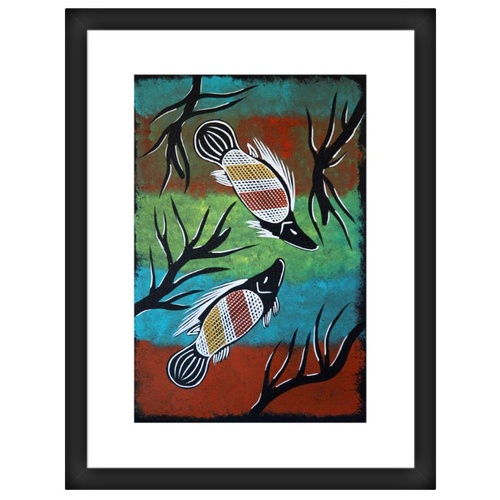 Framed Aboriginal Art Print (30cm x 40cm) - Fish in Waterholes