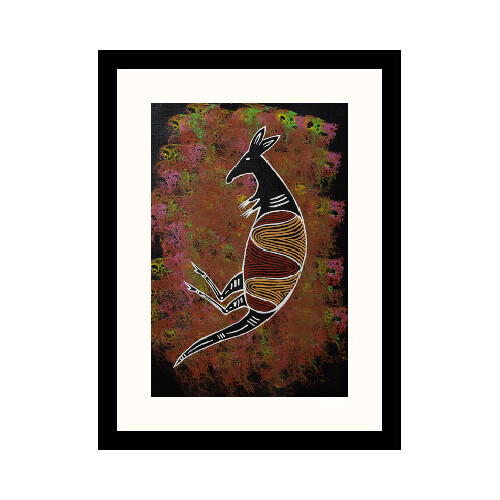 Framed Aboriginal Art Print [30cm x 40cm] - Bohra the Kangaroo (Black)