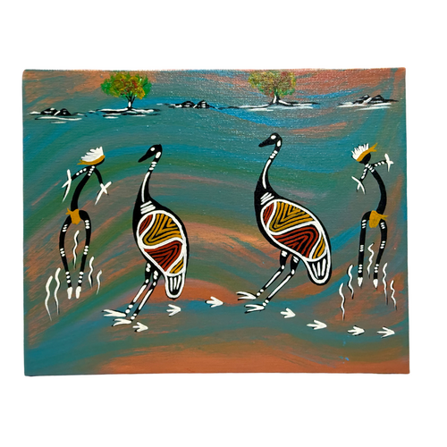 Dreamtime Kullilla Aboriginal Art Canvas Board (8x10) w/- stand - Emu Hunt