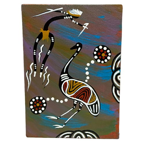 Handpainted Aboriginal Art Canvas Board (5x7) - Emu Dancer w/- stand