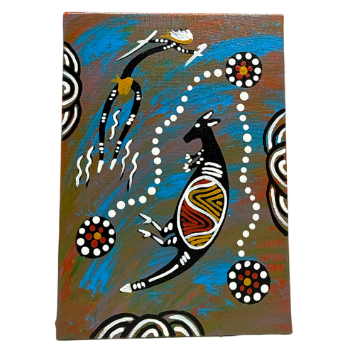 Handpainted Aboriginal Art Canvas Board (5x7) - Kangaroo w/- stand