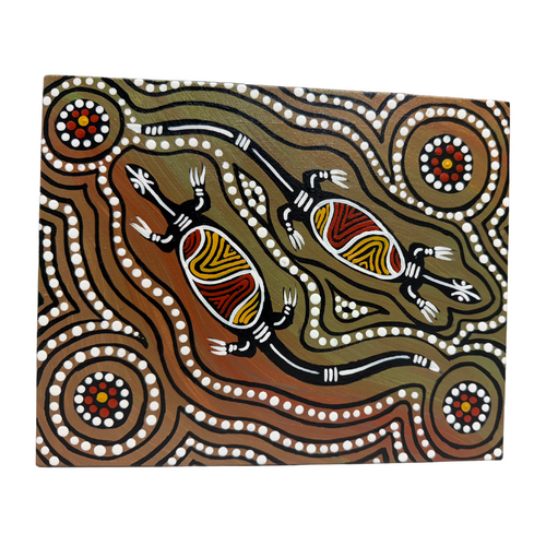 Dreamtime Kullilla Aboriginal Art Canvas Board (8x10) w/- stand - Sand Goanna Totems