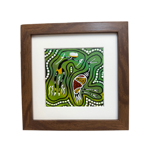 Framed handpainted small Canvas (11cm x 11cm) - Brolga Dancer (w/- stand)