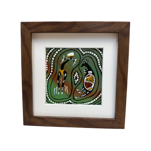 Framed handpainted small Canvas (11cm x 11cm) - Kangaroo Dancer (w/- stand)