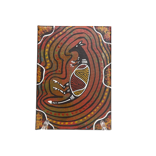 Handpainted Aboriginal Art Stretched Canvas (5x7)(18cm x 15cm) - Bohra the Kangaroo