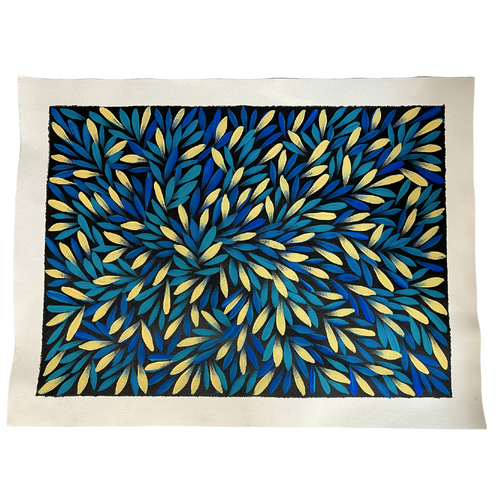 Raintree Aboriginal Art UNStretched Canvas [60cm x 45cm] - Bush Medicine Leaves (Blue/Yellow)