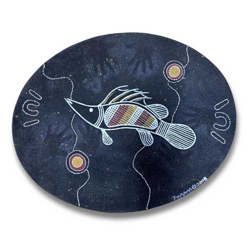 Stephen Hogarth Aboriginal Art Stretched Oval Canvas (52cm Diameter) - Barramundi